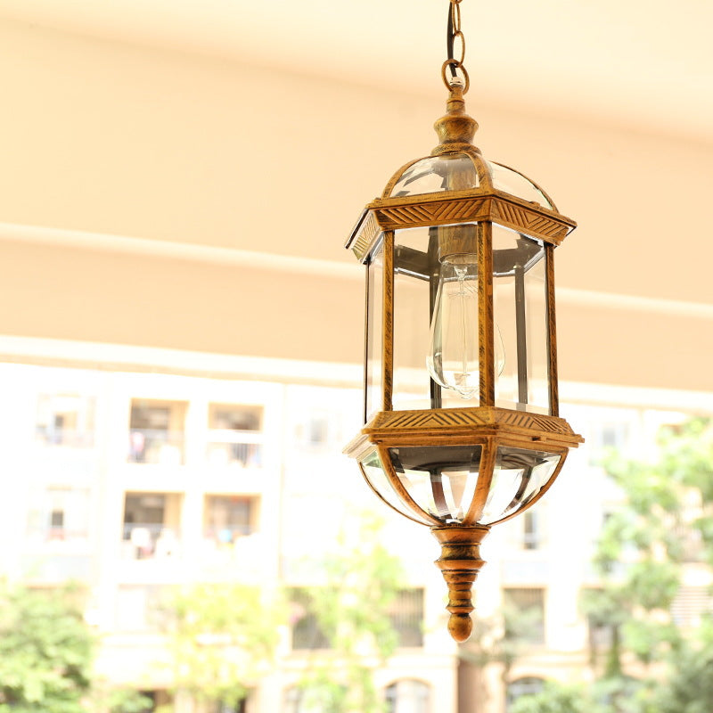 Contemporary Retro Hexagonal Lantern Glass Aluminum 1-Light Waterproof Pendant Light For Outdoor Patio Cuvalon