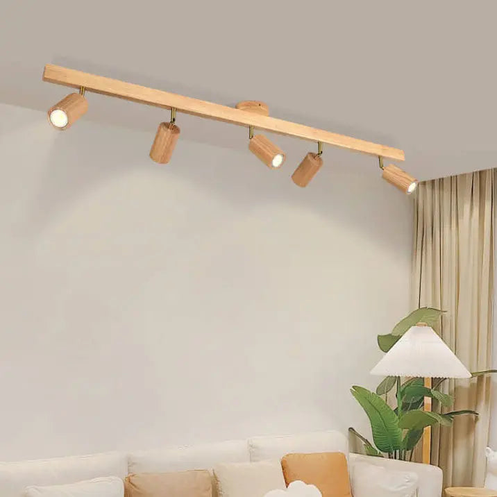 Japanese Minimalist Wooden Track Lighting LED 2/3/4/5 Light Semi-Flush Mount Ceiling Light Cuvalon