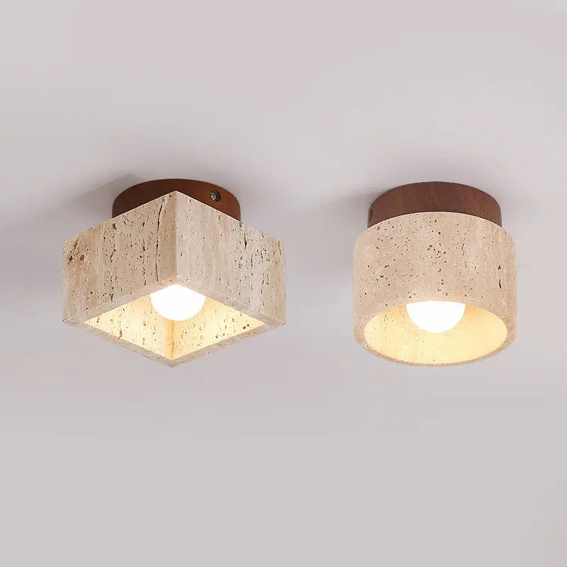 Japanese Wabi-Sabi Yellow Travertine Column Wood 1-Light Semi-Flush Mount Ceiling Light Cuvalon