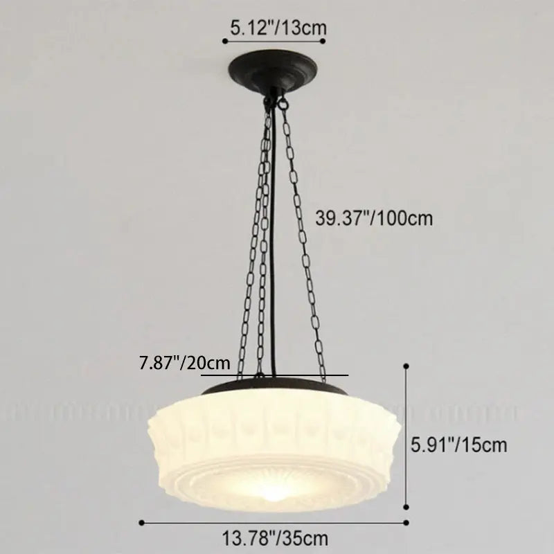 French Vintage White Jade Glass Stripes Round Drum LED Semi-Flush Mount Ceiling Light Cuvalon
