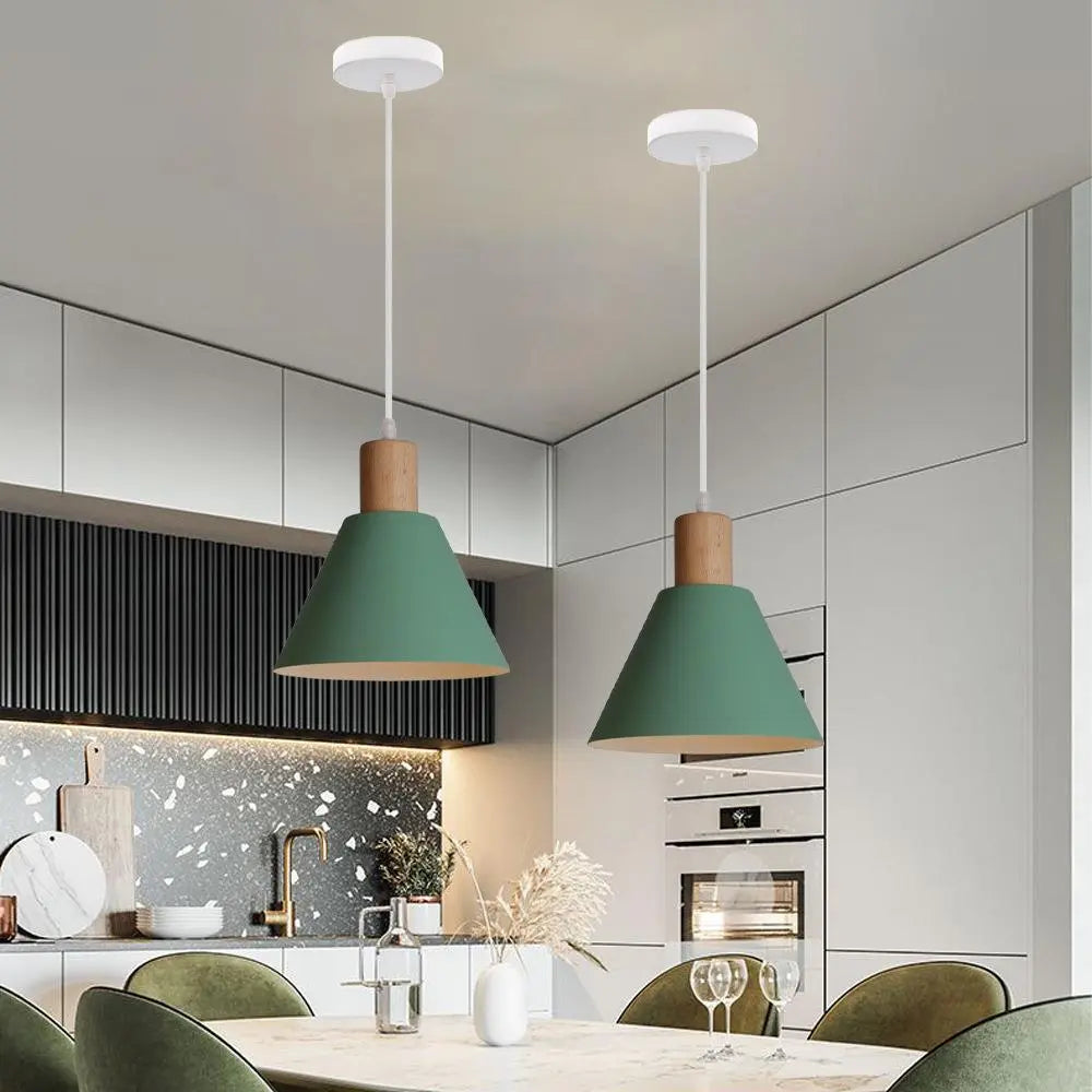 Nordic Vintage Iron Cone Wood Top 1-Light Pendant Light Cuvalon