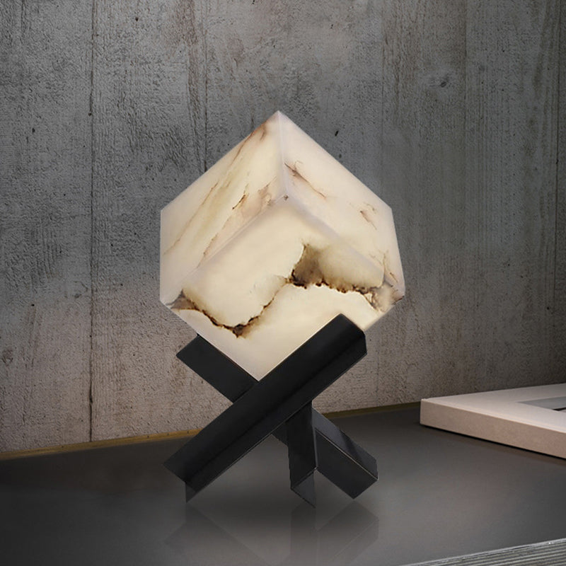 Modern Minimalist Textured Square Stainless Steel Marble 1-Light Table Lamp For Bedroom Cuvalon