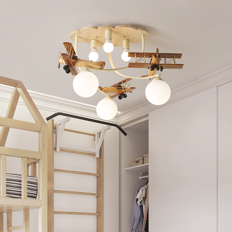 Contemporary Nordic Kids Iron Rubber Wood Glass Plane Cloud Ball 6-Light Flush Mount Ceiling Light For Bedroom Cuvalon