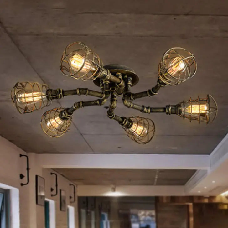 Industrial Vintage Water Pipe Round Iron 4/6/8 Light Flush Mount Ceiling Light Cuvalon