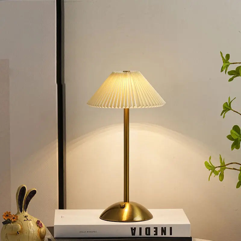 Contemporary Scandinavian Rechargeable Iron Fabric Conic Pleated 1-Light Table Lamp For Bedside Cuvalon