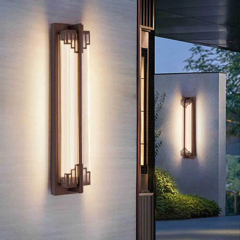 Traditional Chinese Waterproof Rectangular Stainless Steel Glass LED Wall Sconce Lamp For Outdoor Patio Cuvalon
