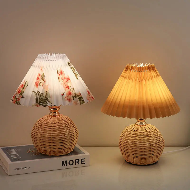 Contemporary Nordic Rattan Fabric Pleated Conic Ball LED Table Lamp For Bedroom Cuvalon