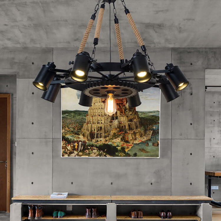 Industrial Retro Gear Wrought Ion Hemp Rope 6/8/10-Light Chandelier Cuvalon