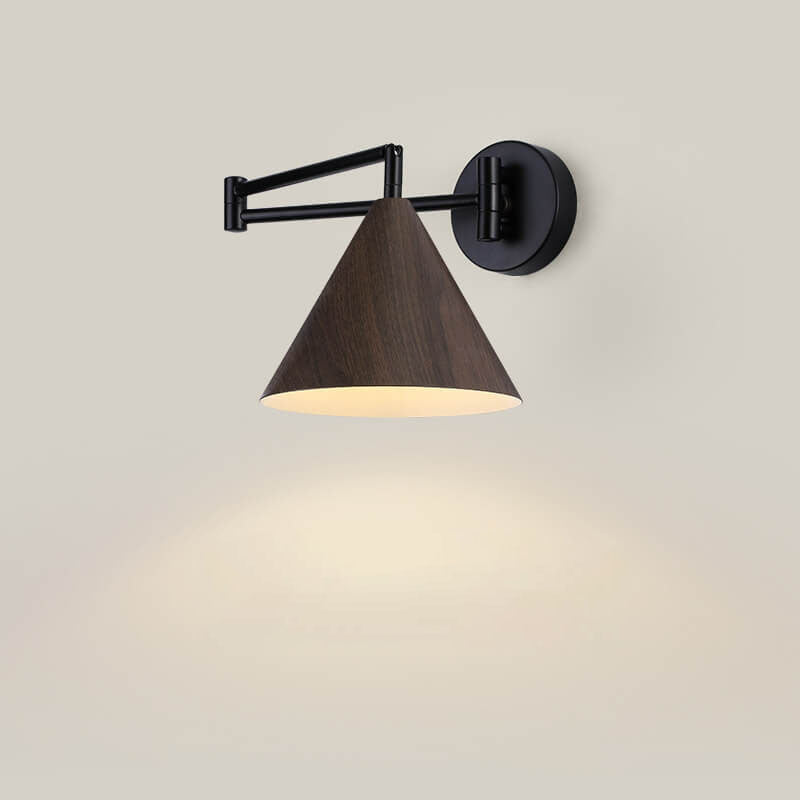 Nordic Minimalist Cone Swing Arm Wood Grain Iron 1-Light Wall Sconce Lamp Cuvalon