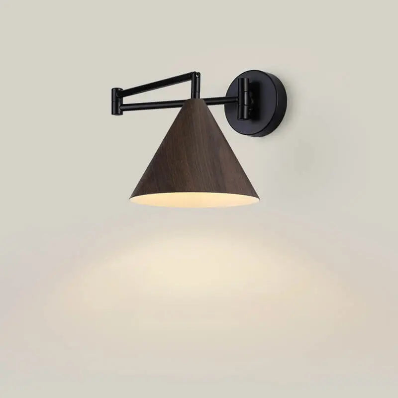 Nordic Minimalist Cone Swing Arm Wood Grain Iron 1-Light Wall Sconce Lamp Cuvalon