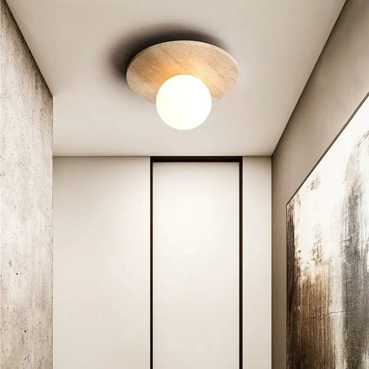 Traditional Vintage Round Travertine 1-Light Flush Mount Ceiling Light For Hallway Cuvalon