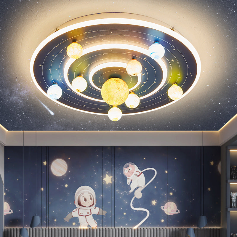 Contemporary Creative Kids Round Planet Iron Acrylic LED Flush Mount Ceiling Light For Bedroom Cuvalon