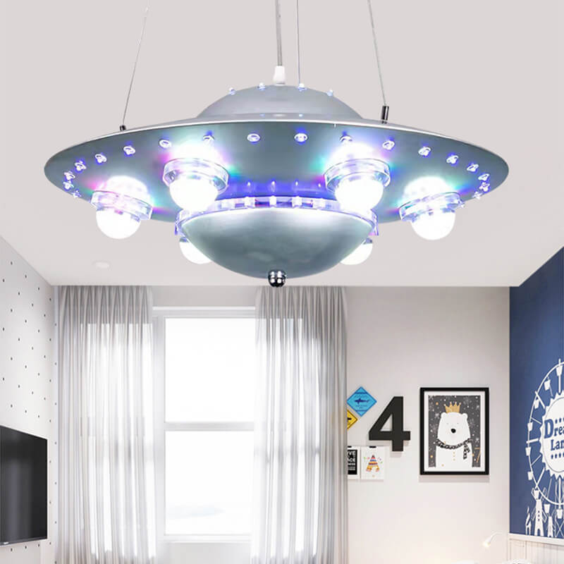 Contemporary Creative Kids Spaceship Iron Glass LED Chandelier For Bedroom Cuvalon