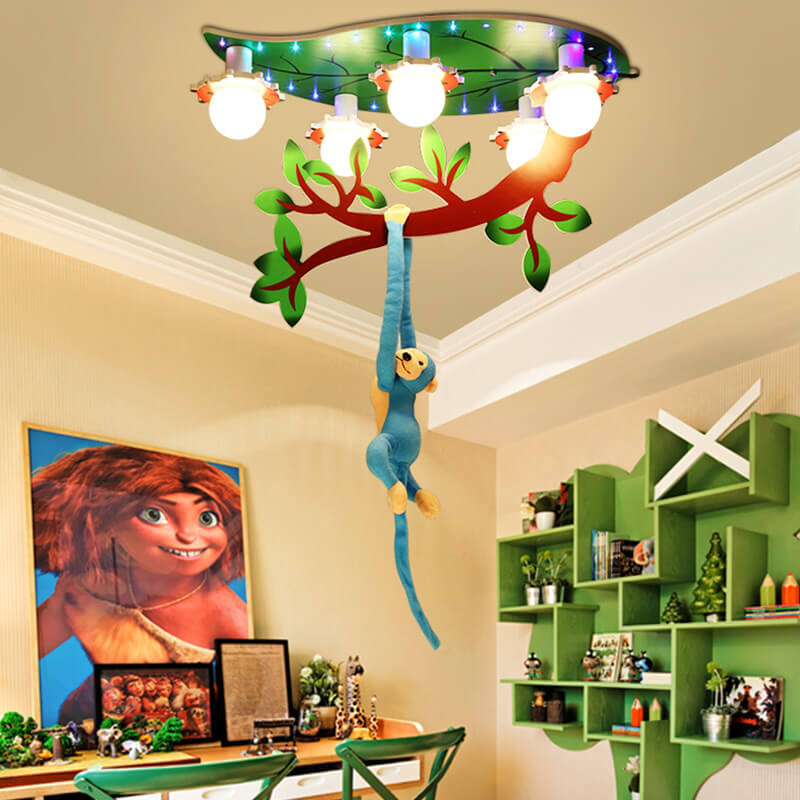 Contemporary Creative Kids Monkey Leaf Acrylic 5-Light Flush Mount Ceiling Light For Bedroom Cuvalon