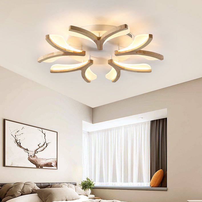 Contemporary Scandinavian Branch Flower Wood Iron Acrylic LED Semi-Flush Mount Ceiling Light For Living Room Cuvalon