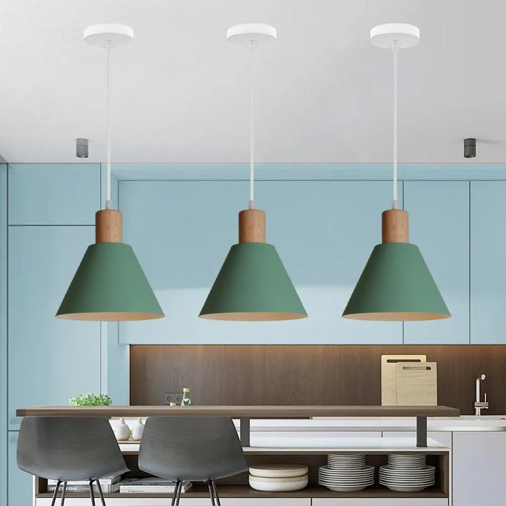Nordic Vintage Iron Cone Wood Top 1-Light Pendant Light Cuvalon
