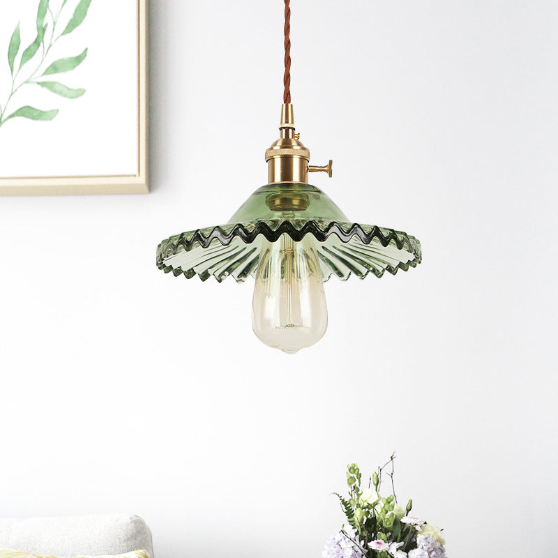 Traditional Vintage Round Ripple Brass Glass 1-Light Pendant Light For Living Room Cuvalon