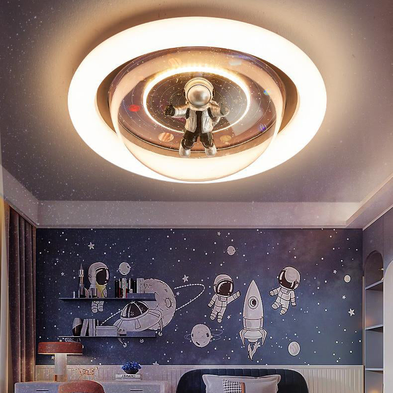 Contemporary Creative Cartoon Planet Resin Astronaut Acrylic Round Shade LED Kids Flush Mount Ceiling Light For Bedroom Cuvalon