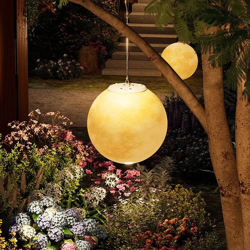 Contemporary Nordic Solar Waterproof PE Resin Round Moon LED Pendant Light For Outdoor Patio Cuvalon