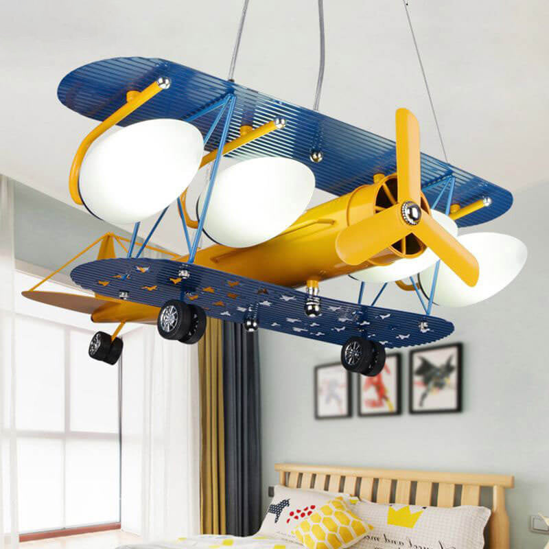 Contemporary Creative Cartoon Metal Aircraft Glass Shade 5-Light Kids Chandelier For Bedroom Cuvalon