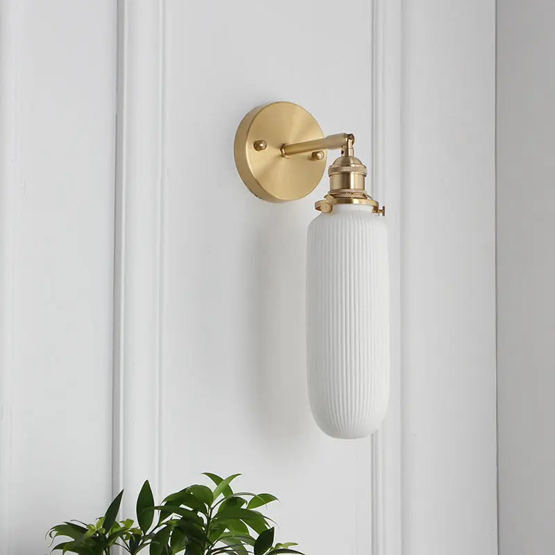 Japanese Retro Minimalist Cylinder Oval Brass Lucite 1-Light Wall Sconce Lamp Cuvalon