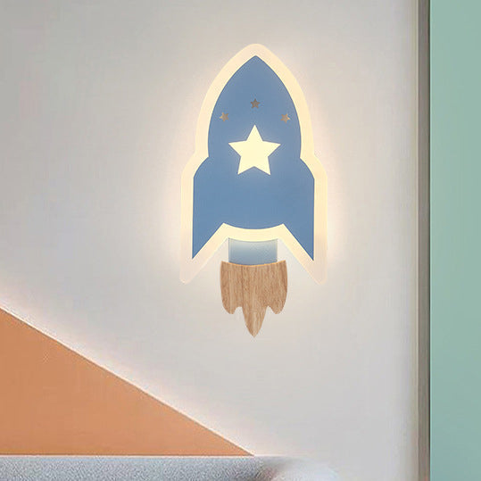 Contemporary Creative Kids Wood Acrylic Rocket LED Wall Sconce Lamp For Bedside Cuvalon
