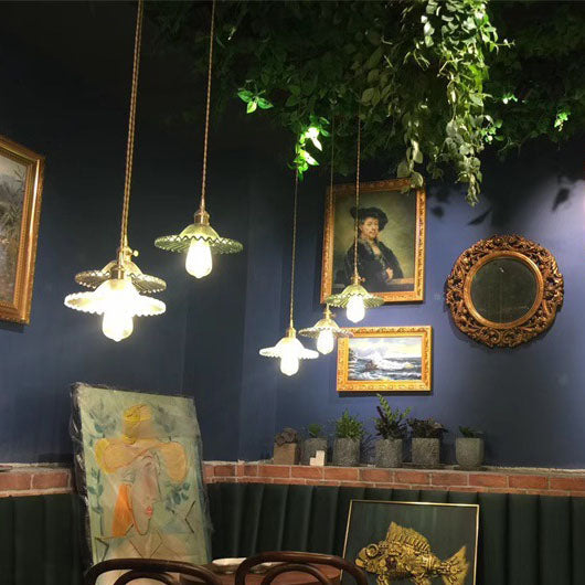 Traditional Vintage Round Ripple Brass Glass 1-Light Pendant Light For Living Room Cuvalon