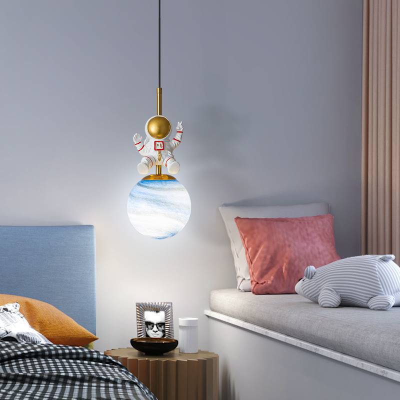 Contemporary Nordic Kids Orb Astronaut Iron Resin 1-Light Pendant Light For Bedroom Cuvalon