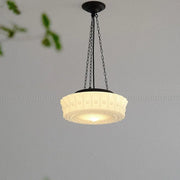 French Vintage White Jade Glass Stripes Round Drum LED Semi-Flush Mount Ceiling Light Cuvalon