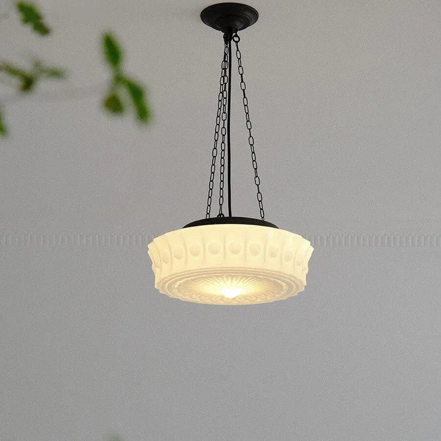 French Vintage White Jade Glass Stripes Round Drum LED Semi-Flush Mount Ceiling Light Cuvalon