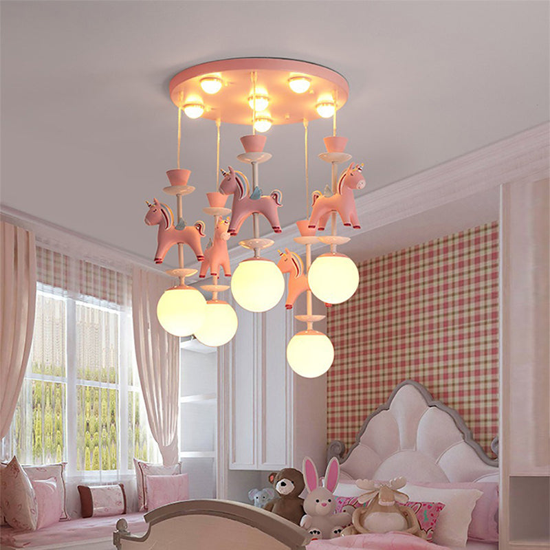 Modern Art Deco Kids Iron Resin Glass Round Base Ball Horse 1/3/5 Light Flush Mount Ceiling Light For Bedroom Cuvalon