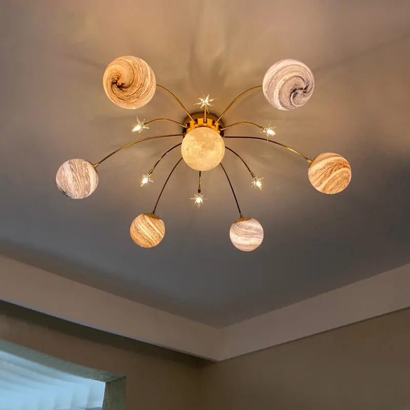 Contemporary Nordic Kids Iron Glass Ball Earth Planet 13-Light Semi-Flush Mount Ceiling Light For Bedroom Cuvalon