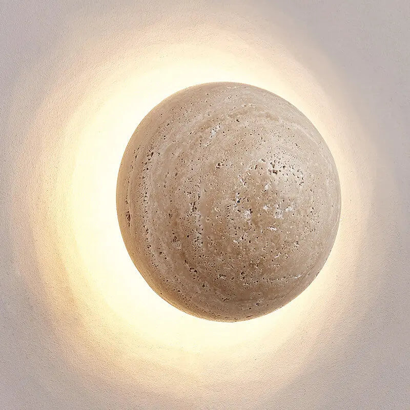 Japanese Minimalist Round Yellow Travertine Wabi-Sabi LED Wall Sconce Lamp Cuvalon