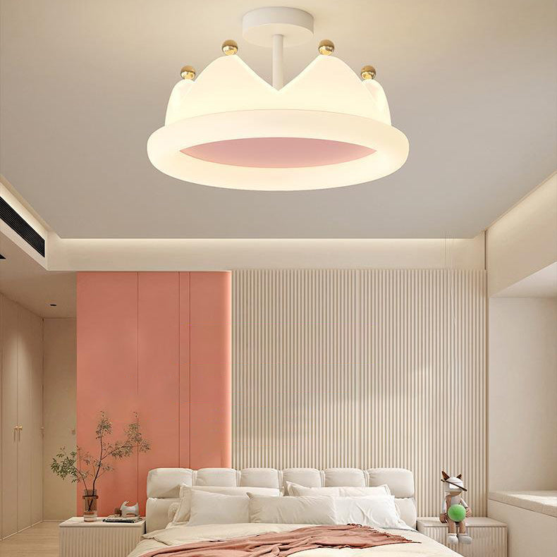 Contemporary Creative Kids Crown Iron PE LED Semi-Flush Mount Ceiling Light For Bedroom Cuvalon