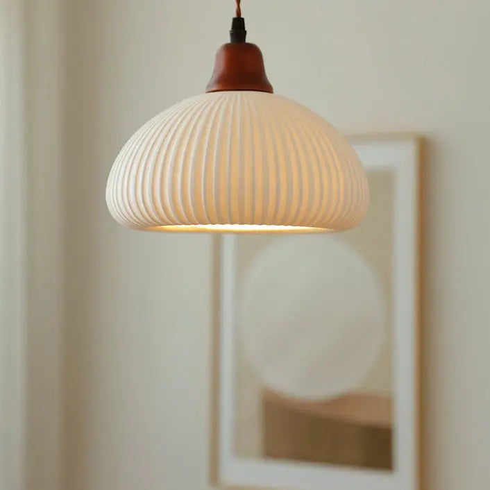 Japanese Vintage Pleated Ceramic Round Dome Wood 1-Light Pendant Light Cuvalon
