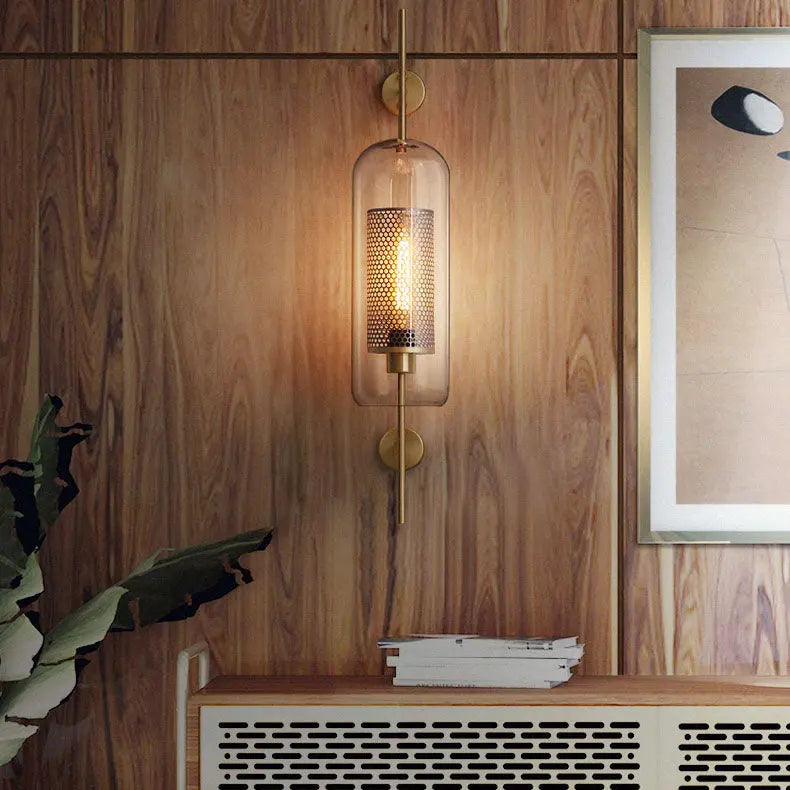 Contemporary Industrial Cylinder Glass Shade Iron Finish Frame 1-Light Wall Sconce Lamp For Bedroom Cuvalon