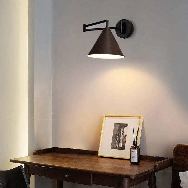 Nordic Minimalist Cone Swing Arm Wood Grain Iron 1-Light Wall Sconce Lamp Cuvalon
