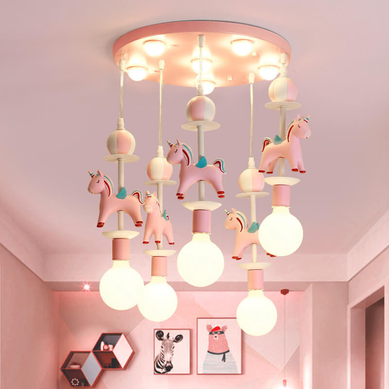 Modern Children's Carousel Eye Protection Resin Iron 1/7/11 Light Flush Mount Ceiling Light Cuvalon