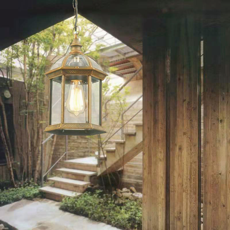 Modern Minimalist Hexagonal Column Aluminum Glass 1-Light Outdoor Pendant Light For Garden Cuvalon