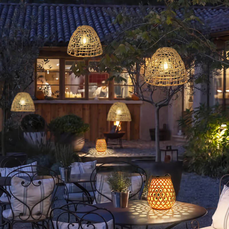Traditional Rustic Iron Net Rattan Weaving Cage LED Solar Waterproof Pendant Light For Outdoor Patio Cuvalon