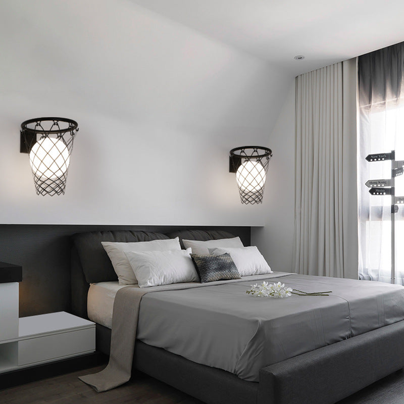 Modern Art Deco Kids Iron Glass Basketball Hoop 1-Light Wall Sconce Lamp For Bedroom Cuvalon