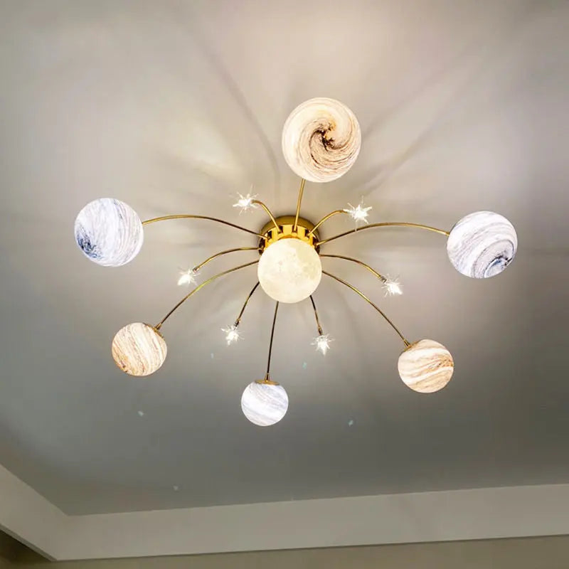 Contemporary Nordic Kids Iron Glass Ball Earth Planet 13-Light Semi-Flush Mount Ceiling Light For Bedroom Cuvalon