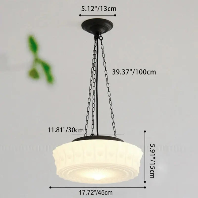French Vintage White Jade Glass Stripes Round Drum LED Semi-Flush Mount Ceiling Light Cuvalon