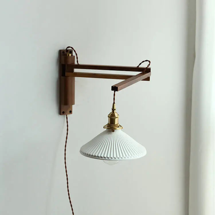 Nordic Milk White Striped Glass Walnut Retractable 1-Light Wall Sconce Lamp Cuvalon