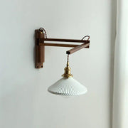 Nordic Milk White Striped Glass Walnut Retractable 1-Light Wall Sconce Lamp Cuvalon
