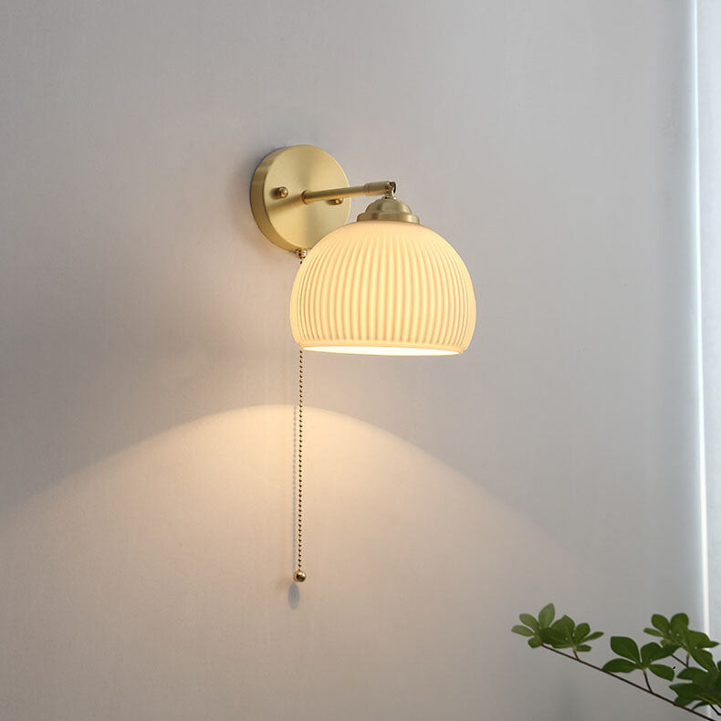 Nordic Striped Milk White Glass Brass 1-Light Pull Cord Wall Sconce Lamp Cuvalon