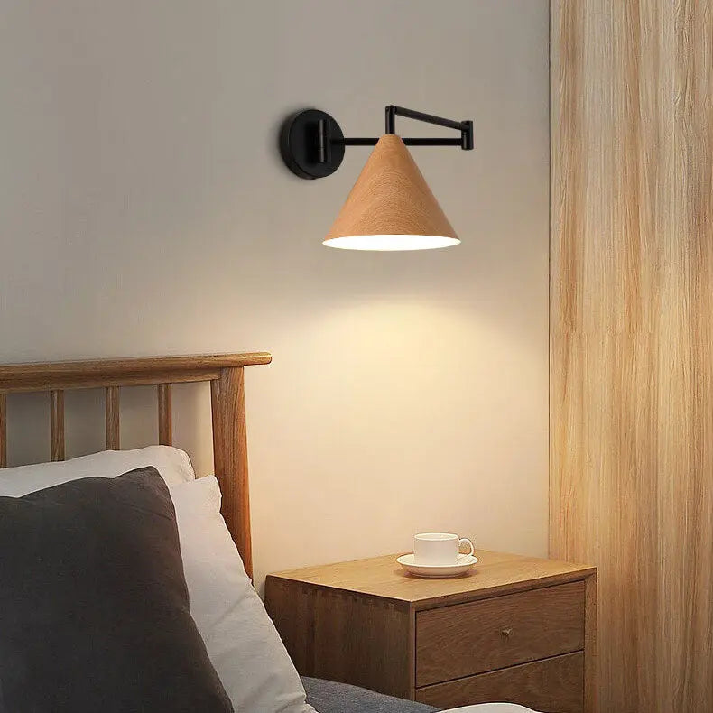 Nordic Minimalist Cone Swing Arm Wood Grain Iron 1-Light Wall Sconce Lamp Cuvalon