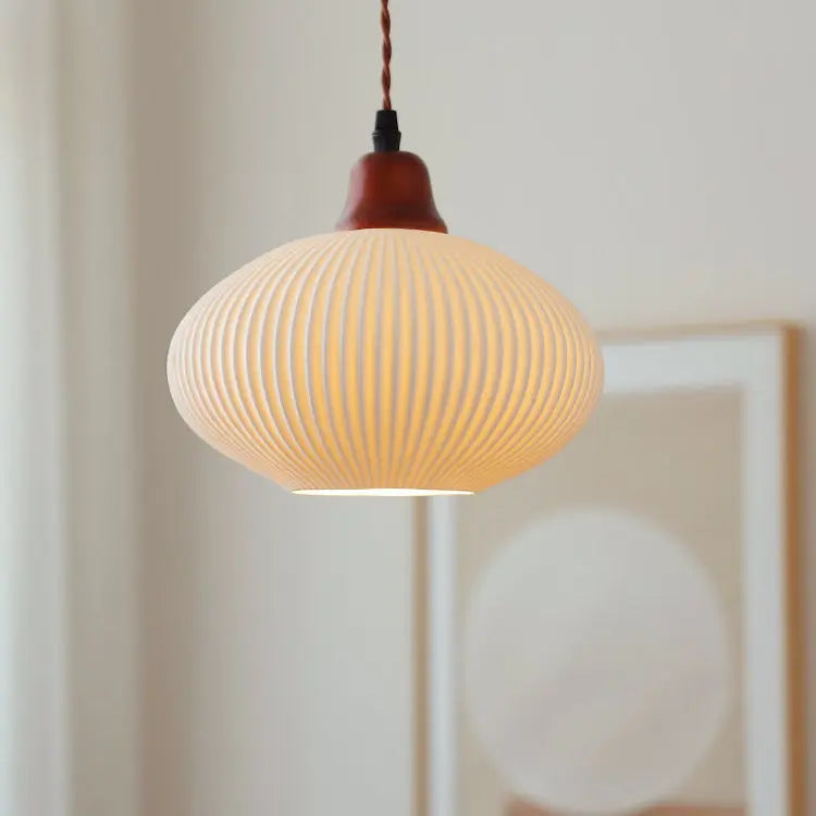 Japanese Vintage Pleated Ceramic Round Dome Wood 1-Light Pendant Light Cuvalon
