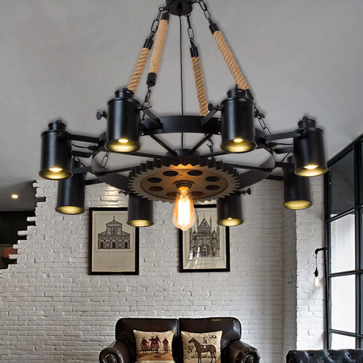 Industrial Retro Gear Wrought Ion Hemp Rope 6/8/10-Light Chandelier Cuvalon