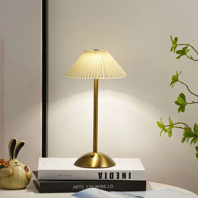Contemporary Scandinavian Rechargeable Iron Fabric Conic Pleated 1-Light Table Lamp For Bedside Cuvalon